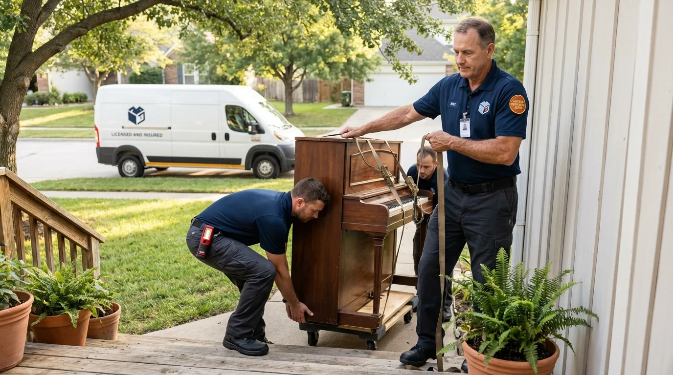 Licensed piano movers securing grand piano in Creighton, NE