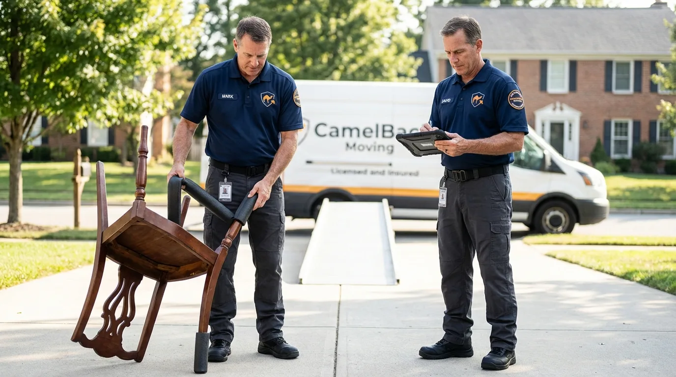Movers inspecting furniture for damage prevention before loading in Creighton, NE