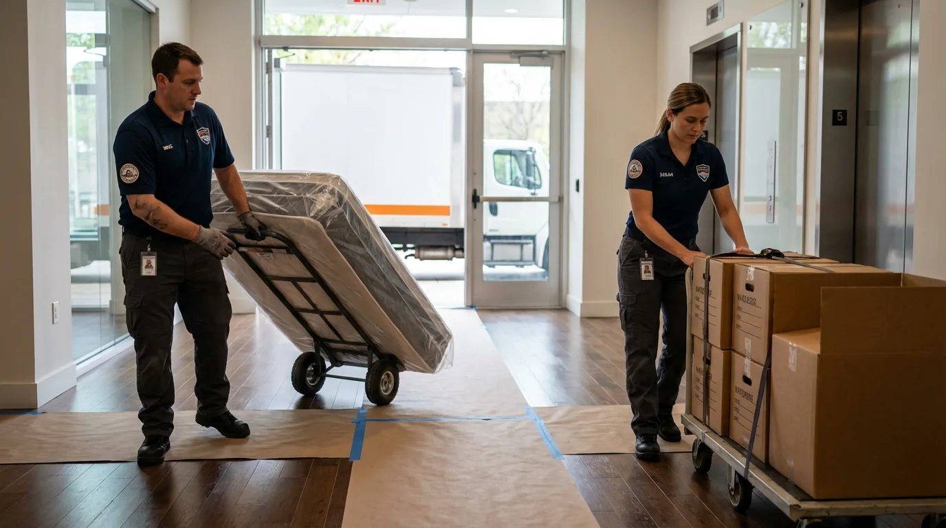 Professional apartment movers loading elevator in Creighton, NE