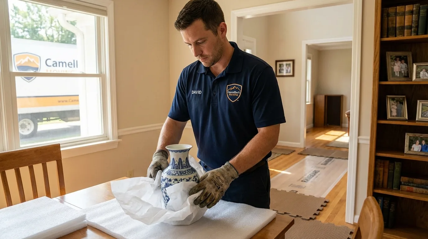 Professional crew carefully wrapping antique vase for senior downsizing move in Creighton, NE